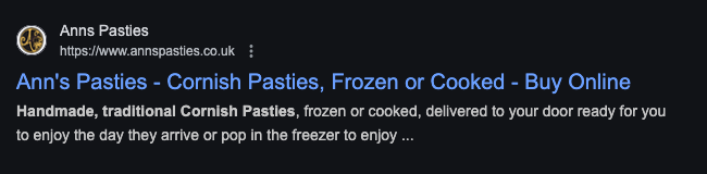 An Pasties - A SERP result showing Meta Title and Meta Description